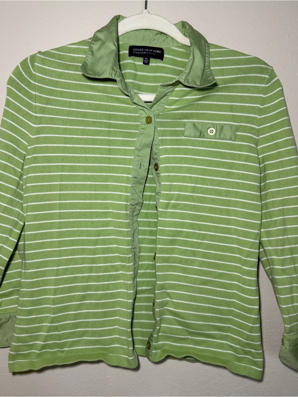 Jones New York Light Green Striped Polo Knit Button Up Shirt